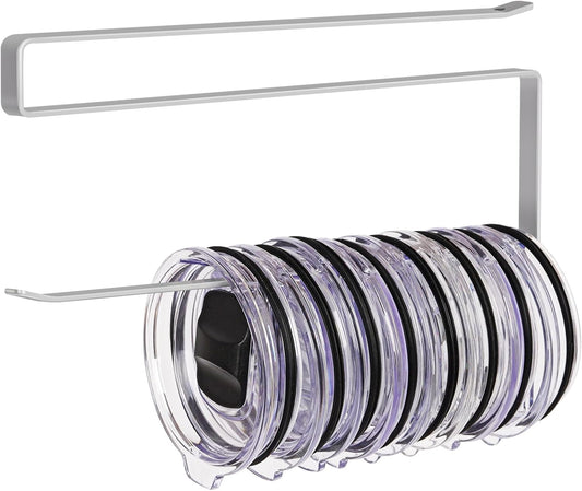 Tumbler Lid Organizer, Horizontal Tumbler Lid Storage Hook Up to 10 Lids, Space Saving Cup Lid Holders Under Cabinet Tumbler Lid Hook for Kitchen Organizer and Storage, Paper Towel Rack Hanger (Gray)