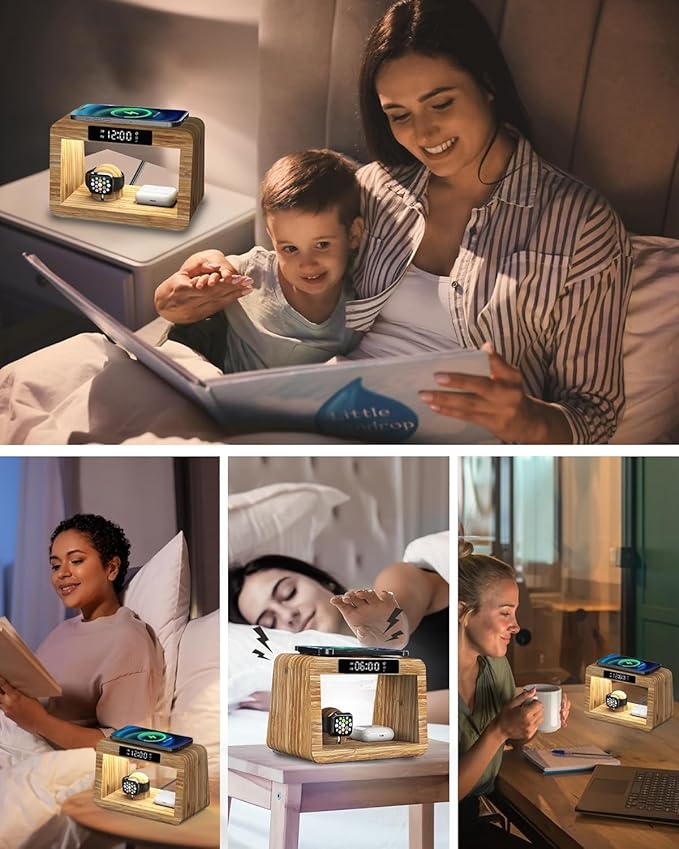 Bamboo Wireless Charging Station,Wireless Charger with Digital Alarm Clock and Night Light, Fast Charger Stand for iPhone 16/15/14/13/12/11 Pro Max/X/Xs, AirPods Pro, iWatch Series 10/9/8/7/6/5/SE