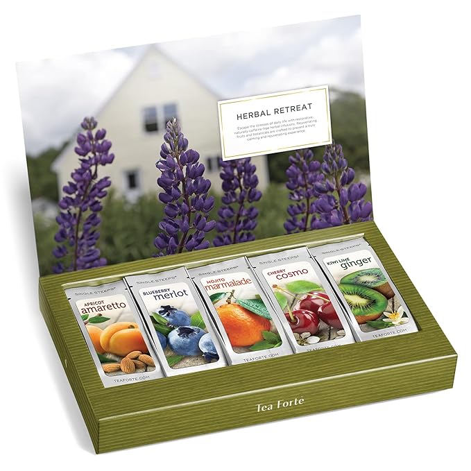 Tea Forte Single Steeps Loose Leaf Tea Sampler, Assorted Variety Tea Box, 15 Single Serve Pouches (Herbal Retreat)