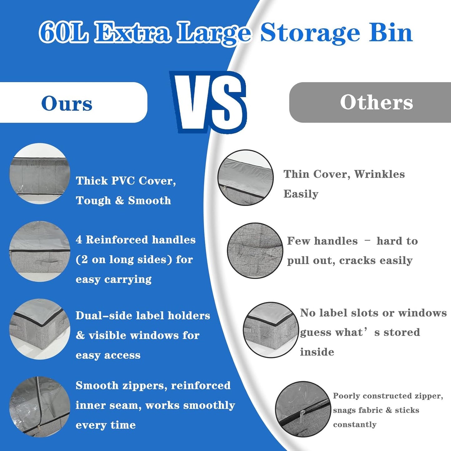 2 Pack Under Bed Storage Bags, Blanket Storage Bag with Clear Window & 4 Handles, 33.4x16.5x6.3 in Comforter Bag Foldable Fabric Organizer for Blankets, Comforters, Clothes, Grey