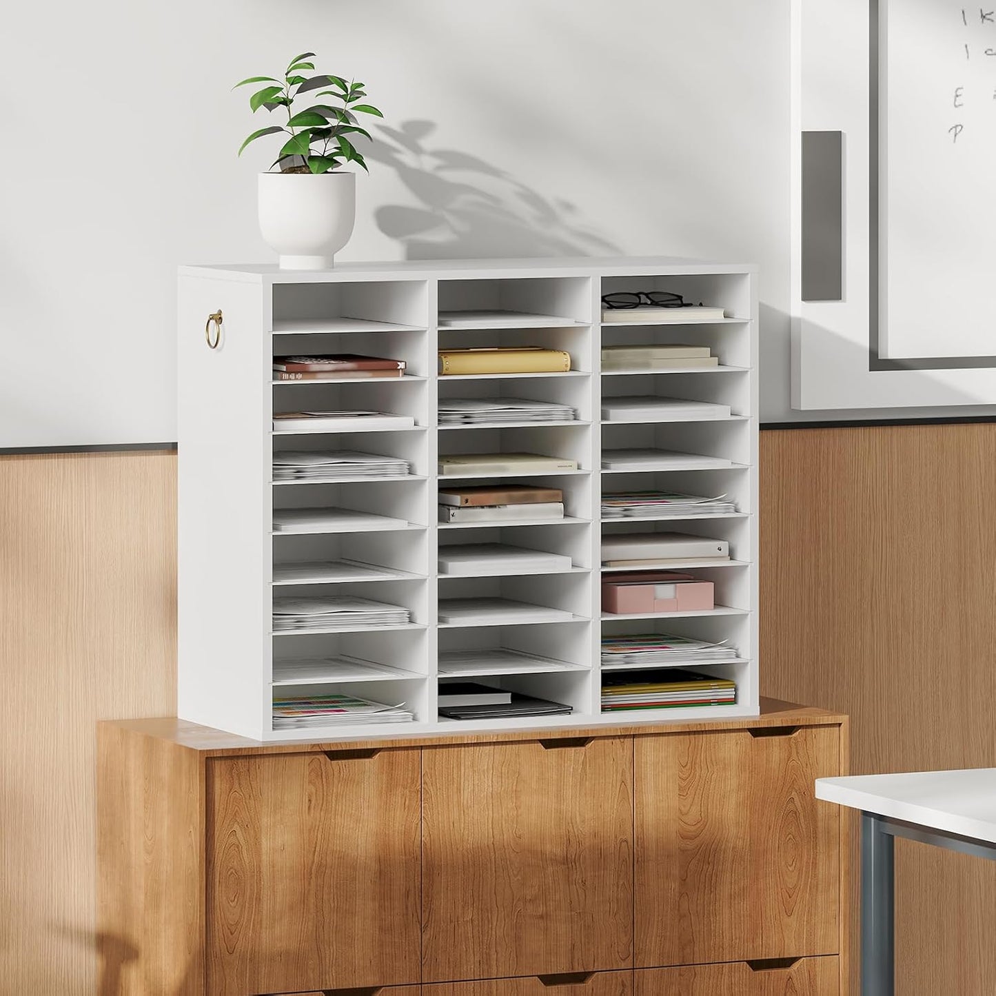 HOOBRO Literature Organizer, 27 Compartments Wooden Mail Organizer, Countertop Literature Sorter with Adjustable Shelves for Home, Office, School, Student Mailbox for Classroom, White WT27WF01
