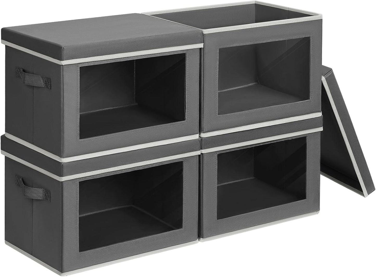 Stackable Storage Bins with Lids - Large Storage Box with Lids, Foldable Closet Boxes for Organizing, Wardrobe Clothes Organizer with Window, Cubes Bins for Living Room, 4 Pack, Dark Grey