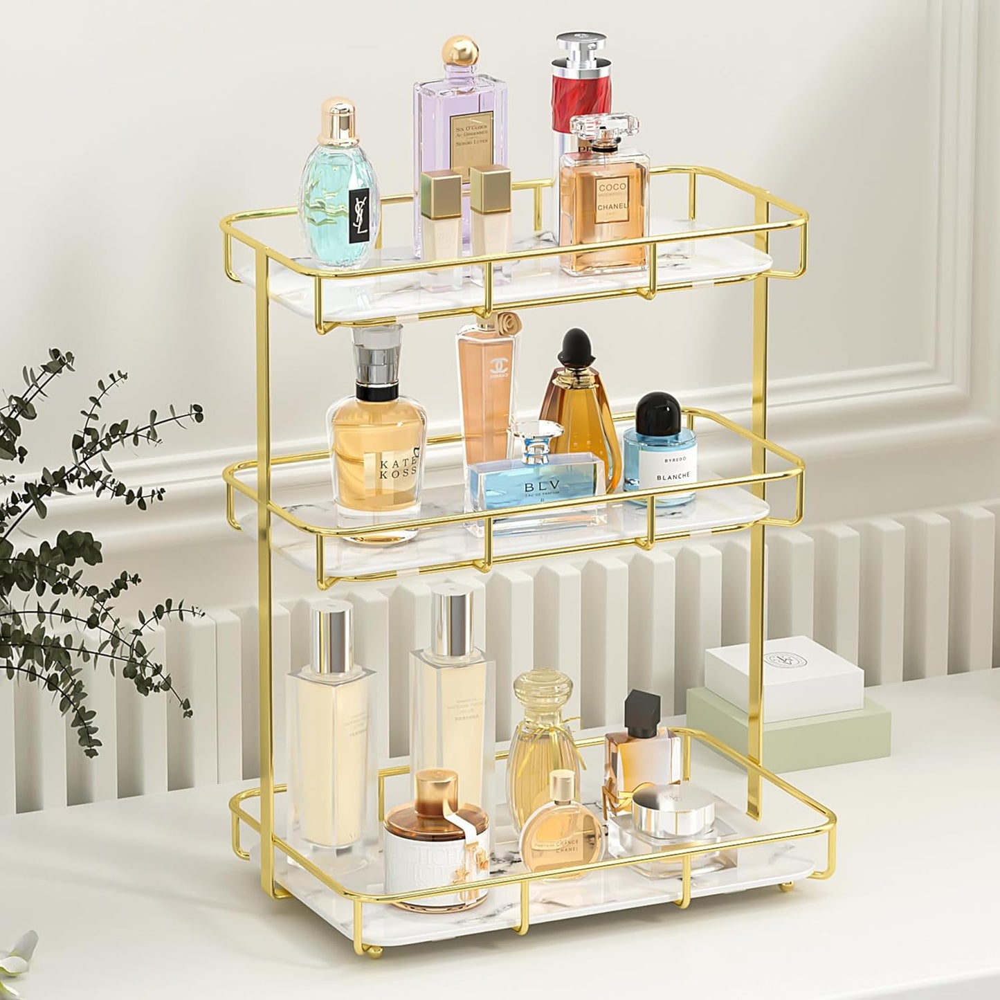 Bathroom Organizer Countertop Perfume Organizer Makeup Organizer Cosmetics Storage Display Rack Vanity Tray Dresser Stainless Steel Gold Shelf White Marble Ceramic Tray