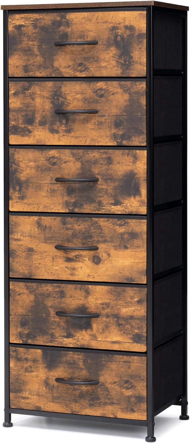 Crestlive Products Vertical Dresser Storage Tower - Sturdy Steel Frame, Wood Top, Easy Pull Fabric Bins- Organizer Unit for Bedroom, Hallway, Entryway, Closets - 6 Drawers (Rustic Brown)