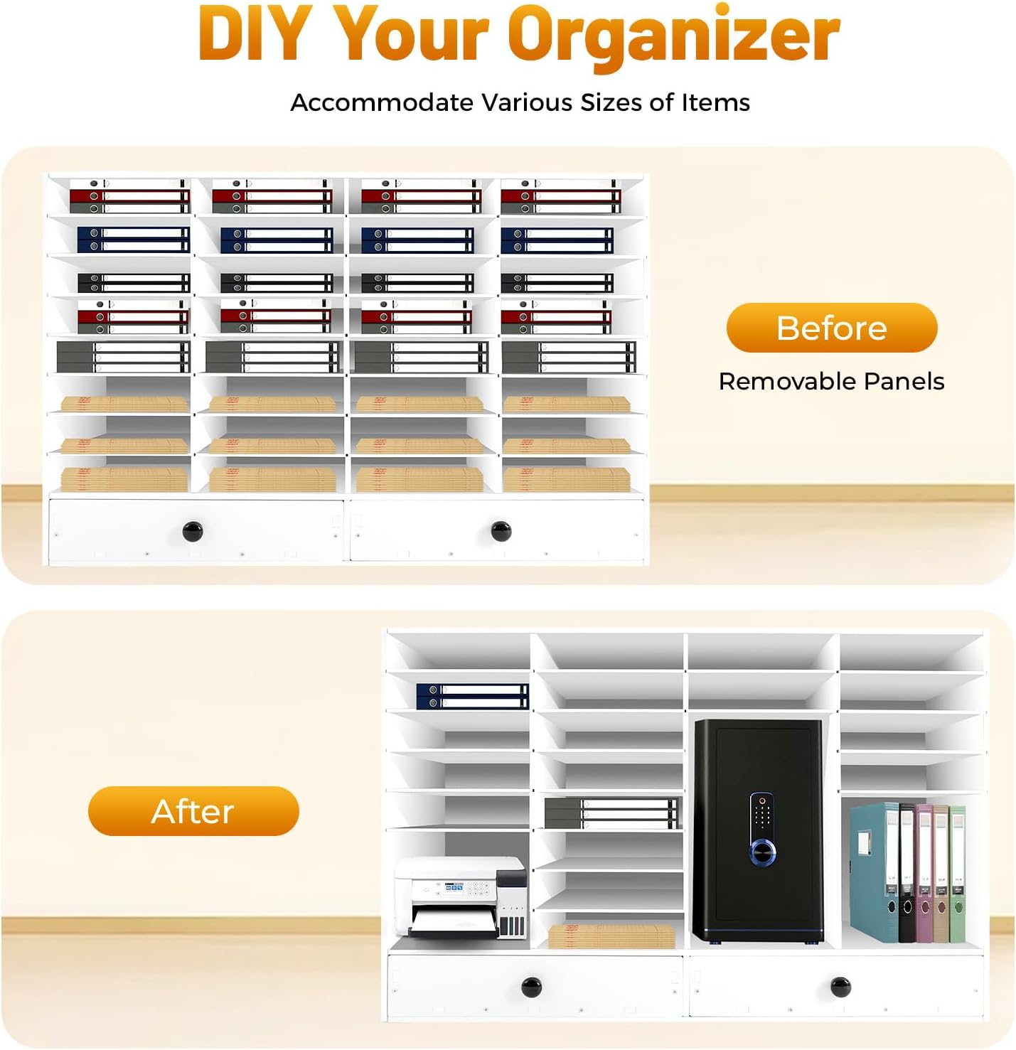 Literature Organizers, Mail Sorter Organizer Adjustable Shelves and 2 Drawers Desktop File Sorter Paper Organizer for Home School Office (White, 32 Slots with 2 Drawers)