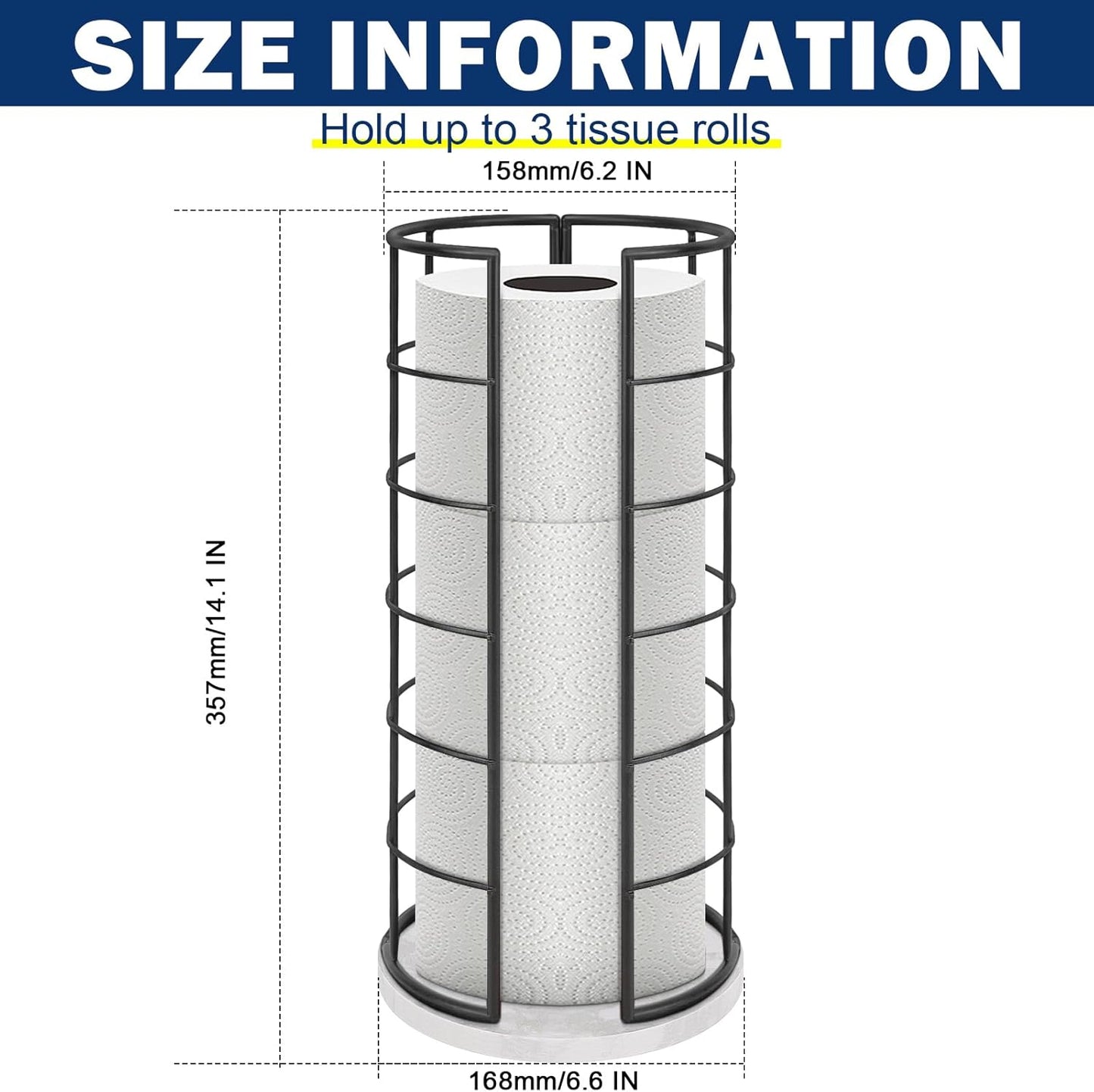 NearMoon Toilet Paper Organizer Stand, Free Standing 3 Rolls Tissue Storage, Metal Bathroom Accessory, Rustproof Toilet Roll Holder for Kitchen Countertop Inside Cabinet Shelf(Marble Base,Matte Black)