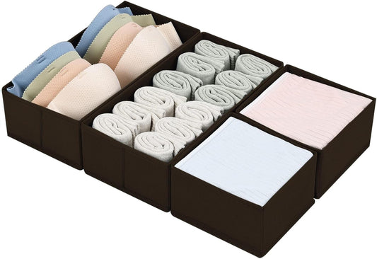 DIMJ Drawer Organizer Clothes, Underwear Drawer Organizer, Set of 4 Foldable Closet Drawer Bins, Fabric Drawer Dividers for Baby Clothes, Socks, Belt, Tie (Brown)