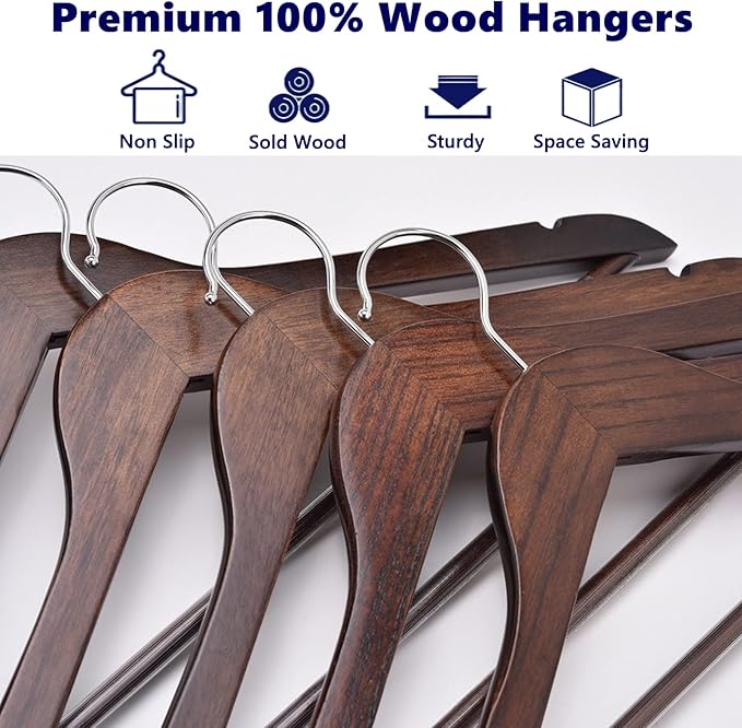 Amber Home 20 Pack Vintage Wooden Coat Hangers, Walunt Wood Suit Hangers with Non Slip Pant Bar, Clothes Hangers for Shirts, Jackets, Dress, Pant (Retro, 20)
