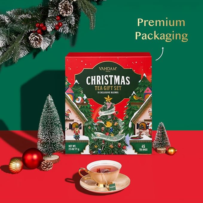 VAHDAM, Limited Edition Christmas Tea Gift Set | 45 Tea Bags, 9 Flavors - Holiday Gift Box | Christmas Presents For Women, Men & Adults, Christmas Gift Set