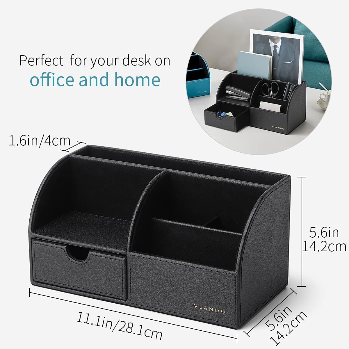 Vlando Office Desk Organizer Leather Desktop Organizer Caddy with Drawer for Storing Desktop Supplies and Accessories (Black Set)