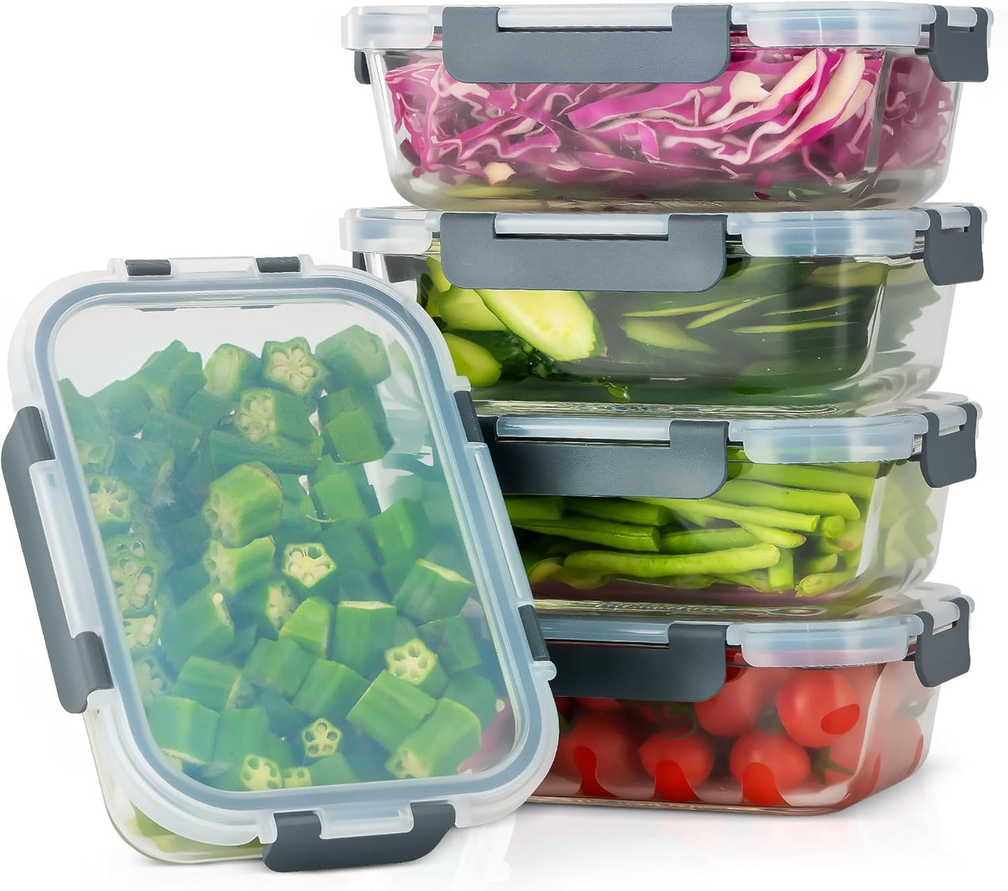 5 PACK 36 oz Glass Meal Prep Containers, Glass Food Containers with Snap-Lock Lids, Airtight Lunch Containers, Microwave, Oven, Refrigerator and Dishwasher Safe，Gray