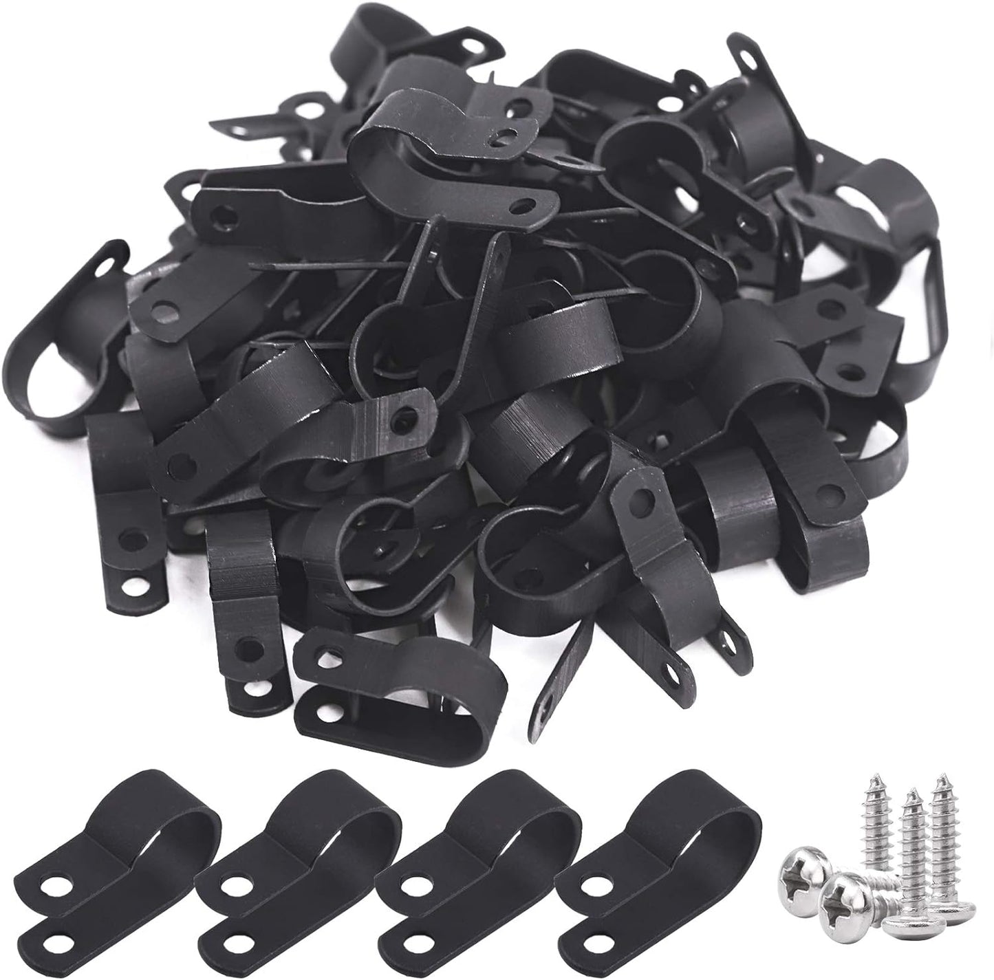 Glarks 120Pcs 5/8 Inch Black Nylon Screw Mounting R-Type Cable Clip Wire Clamp with 120Pcs Screws for Wire, Cable, Conduit and Cable Conduit Kit (Black)