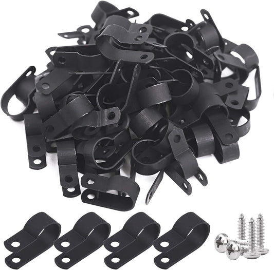 Glarks 120Pcs 5/8 Inch Black Nylon Screw Mounting R-Type Cable Clip Wire Clamp with 120Pcs Screws for Wire, Cable, Conduit and Cable Conduit Kit (Black)