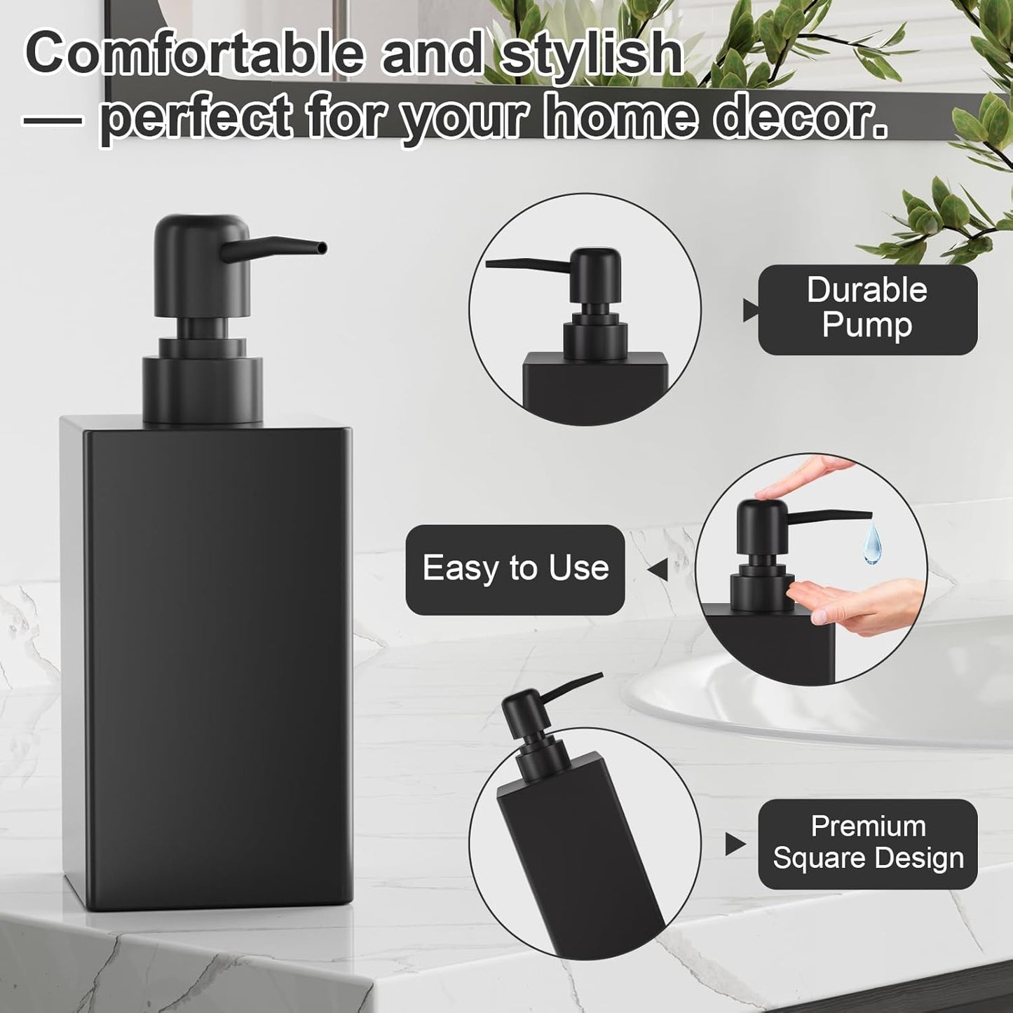 Black Bathroom Accessories Set Resin 6PCS, Square Toothbrush Holders Set Complete with Soap Dispenser, Vanity Tray, Tumbler, Cups and Cotton Swab Jars for Counter, Sink or Small Spaces