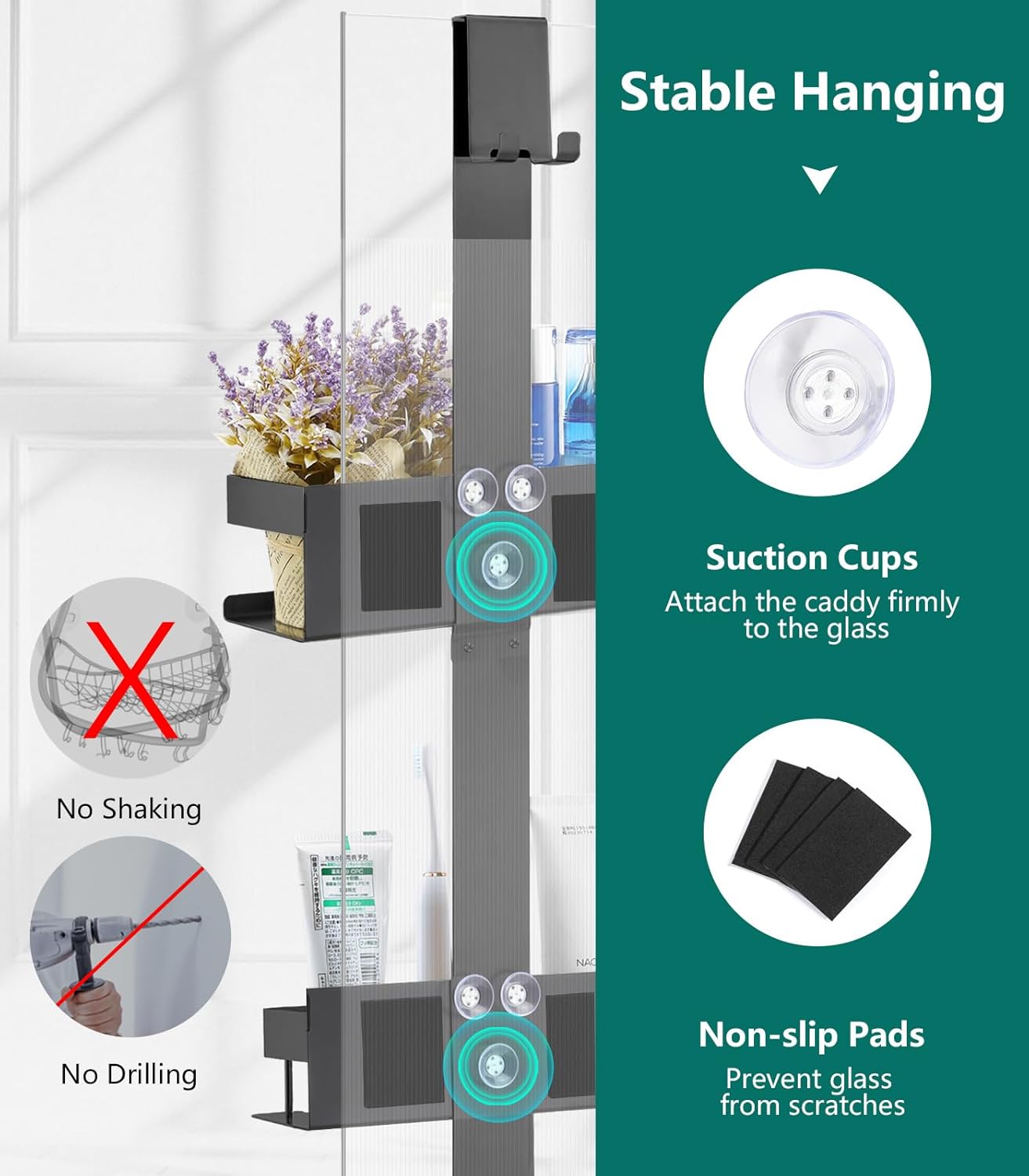 Emibele Over The Door Shower Caddy 2 Tier, 304 Stainless Steel Hanging Shower Caddy Rustproof Shower Shelves, No Drilling Hanging Shower Organizer for Bathroom Glass Door, Black