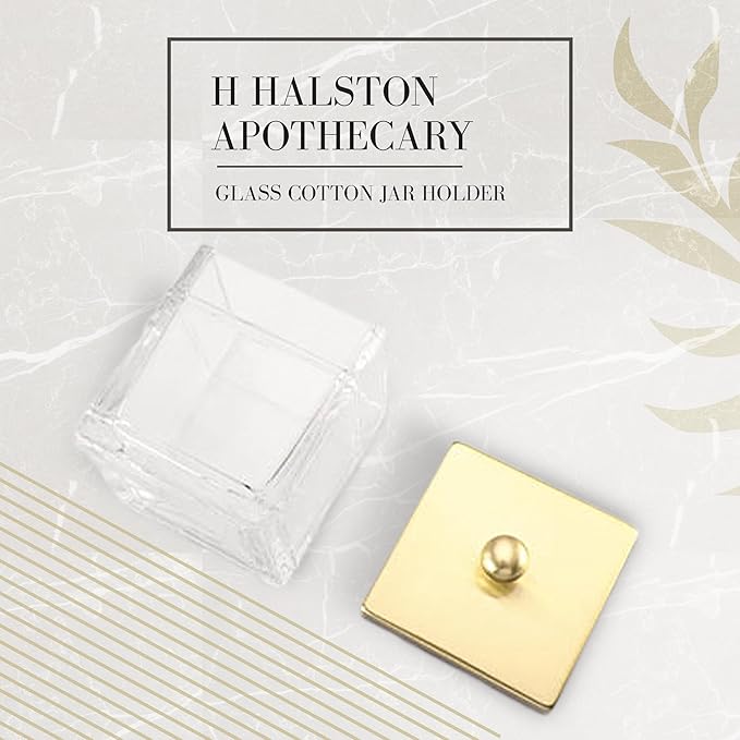 Clear Transparent Hotel Style Apothecary Tempered Glass Canister Jar W/ Gold Metal Lid Cover, Classic Countertop Organizer for Cotton balls/pads, Floss Picks, Makeup Storage