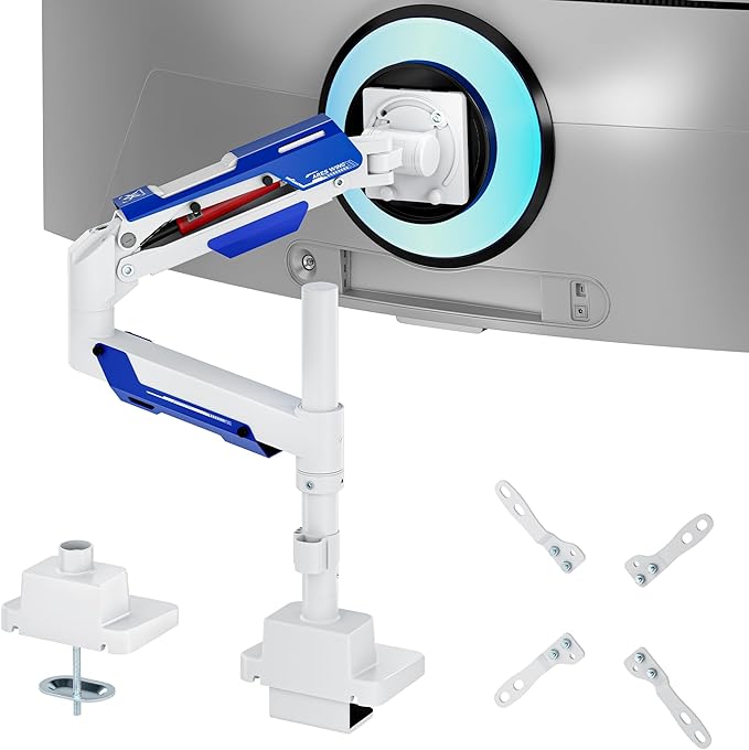 ARES WING Single Monitor Mount, Ultrawide Monitor Arm for 24 to 57 Inch Heavy Duty Curved Screen, Adjustable Gas Spring Monitors Arm Stand up to 66LBS with 75/100/200 Vesa Mount, White