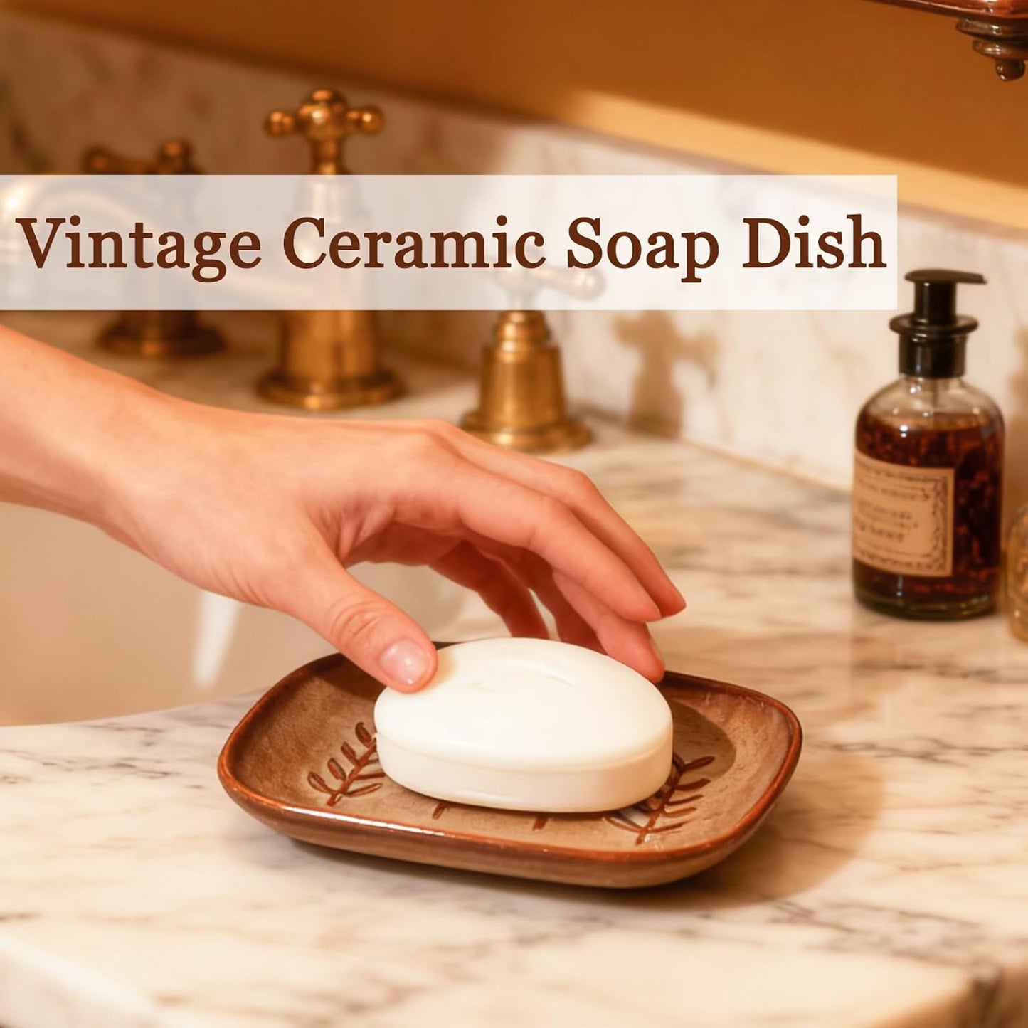 Aesthetic Ceramic Soap Dish for Shower, Soap Holder with Raised Relief, Shower Soap Dish for Shampoo Bar Or Sponge, Soap Saver for Bathroom, Kitchen, Sink, Decorative Soap Tray (Brown)