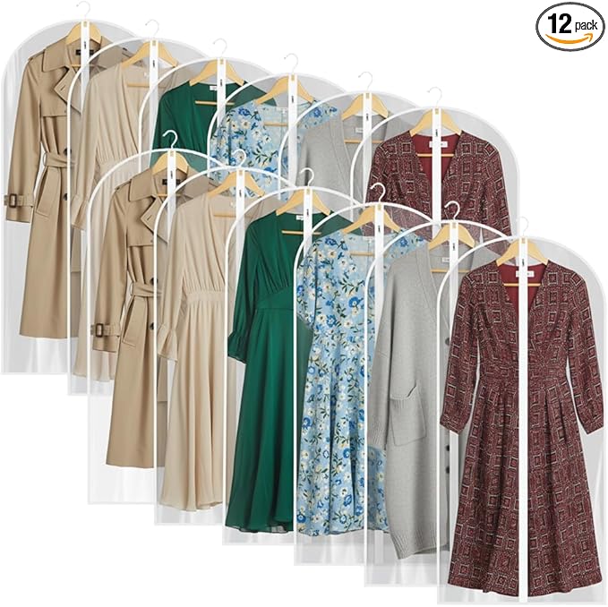All Clear Garment Bags for Travel - 48” PEVA Waterproof Suit Cover with Zipper for Hanging Clothes, long dress - Durable Dresser for Closet Storage, Dustproof & Moisture Resistant - 48”/12 Pack