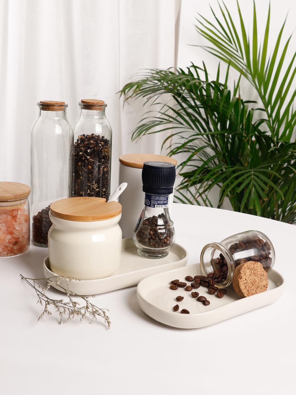 INGOFIN 7" Ceramic Bathroom Vanity Tray Set- 2 Pcs Bathroom Organizer Countertop Tray for Perfume, Jewelry, Small Kitchen Counter Soap Tray, Decorative for Bathroom Vanity and Toilet Tank, Beige