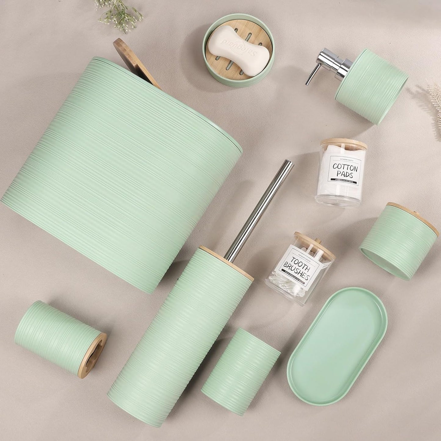 IMAVO Bathroom Accessory Set-11Pcs Green Bathroom Accessories Set with Trash Can,Soap Dispenser,Soap Dish,Toothbrush Holder,Toothbrush Cup,Toilet Brush Holder,Qtip Holder Dispenser with Labels