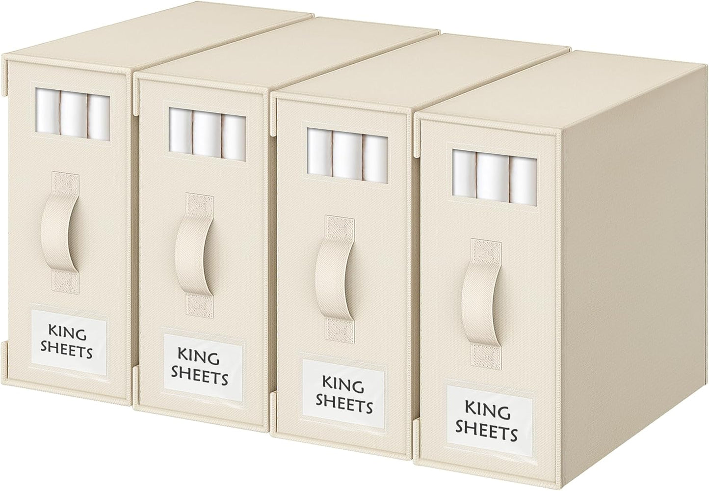 Criusia Bed Sheet Organizers and Storage, 4 Pack Foldable Linen Closet Organizers – Bedding Holder for Sheet Set (King/Queen Sizes), Duvet Covers, Blankets (Beige)