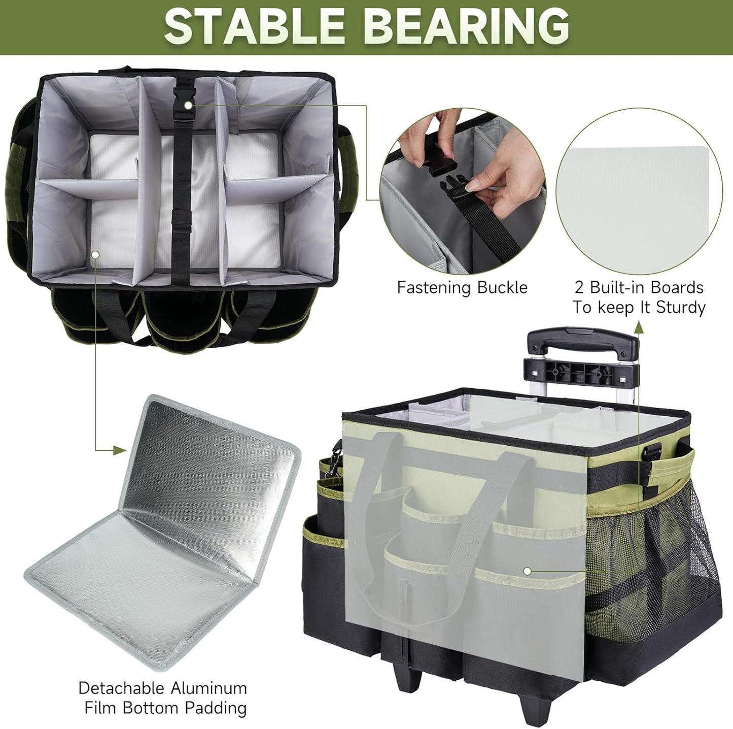 Large Rolling Cleaning Caddy Bag with Detachable Trolley,Cleaning Cart on Wheels with Shoulder Strap,Cleaning Supplies Organizer for Housekeepers,Green