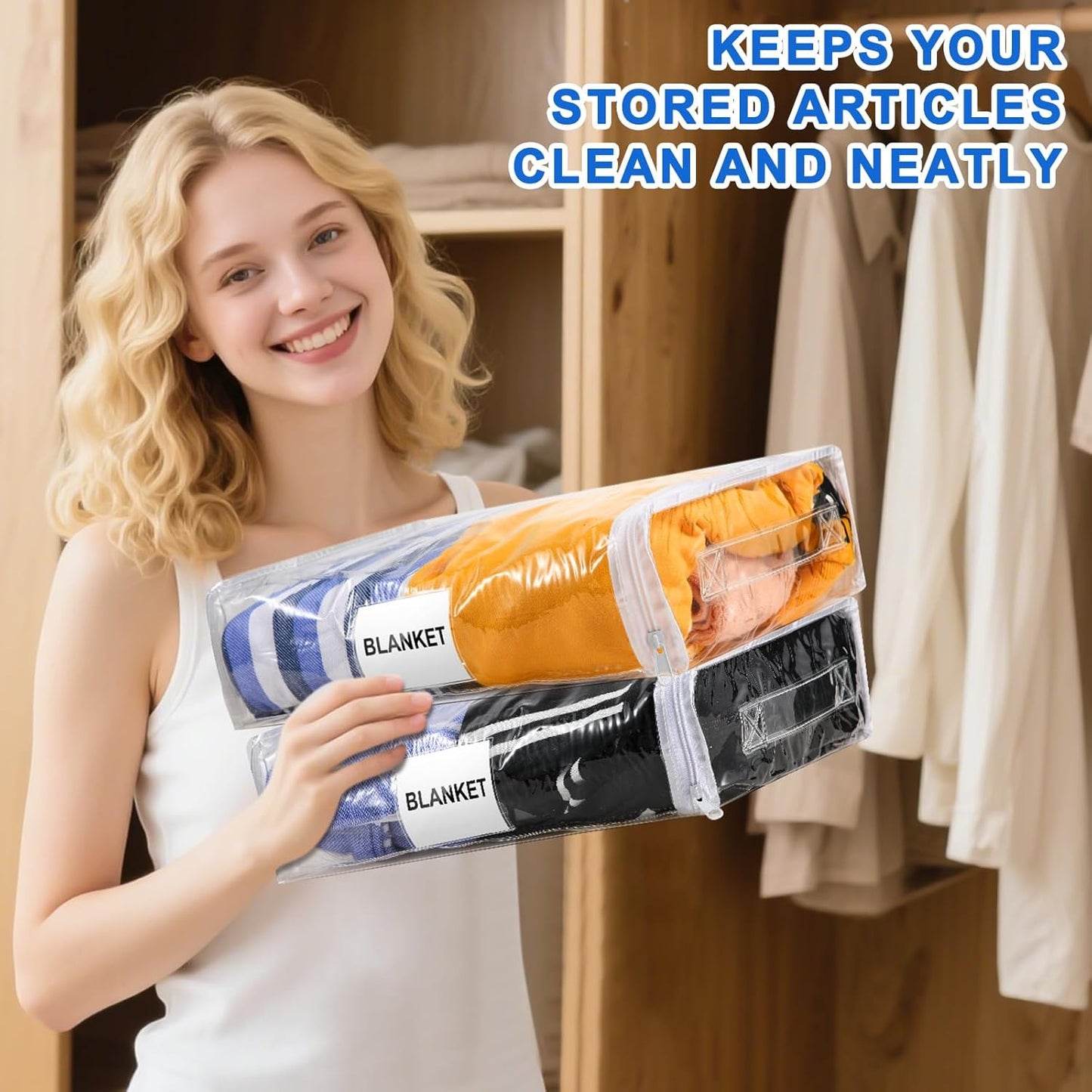 Kenning Set of 20 Clear Vinyl Zippered Storage Bags for Sheet Organizer Plastic Sweater Bags with Handle Pocket for Bed Blanket Throw Pillow Toys(White,11 x 15 x 4 Inch)