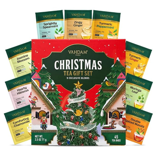 VAHDAM, Limited Edition Christmas Tea Gift Set | 45 Tea Bags, 9 Flavors - Holiday Gift Box | Christmas Presents For Women, Men & Adults, Christmas Gift Set