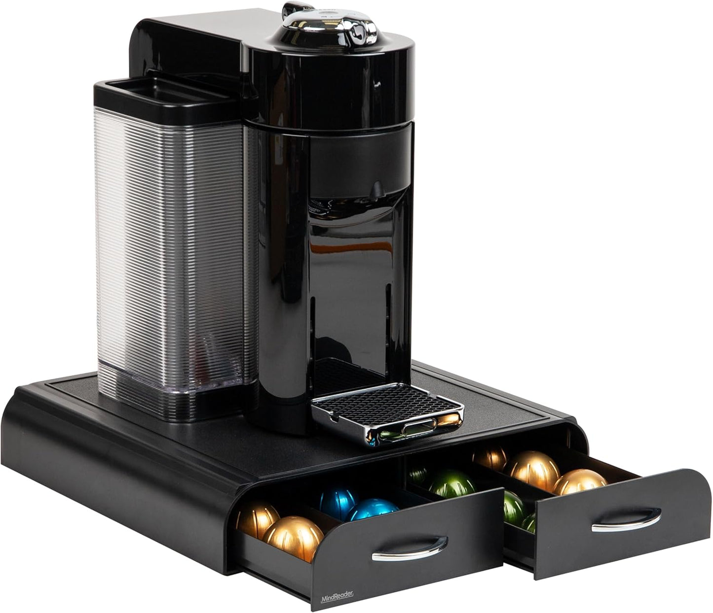 Mind Reader Single Serve Coffee Pod Organizer with 2 Drawers, Compatible with 18 Vertuoline (7.77 fl oz) or 72 Original Nespresso (1.35 fl oz) capsules, Plastic, 13.25"L x 12.75"W x 2.5"H, Black