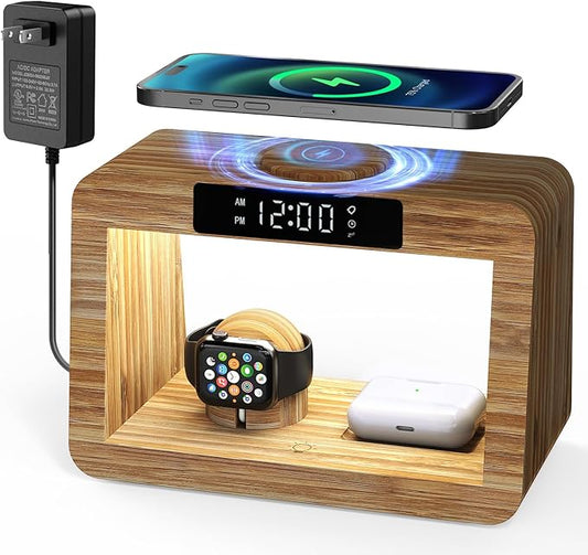 Bamboo Wireless Charging Station,Wireless Charger with Digital Alarm Clock and Night Light, Fast Charger Stand for iPhone 16/15/14/13/12/11 Pro Max/X/Xs, AirPods Pro, iWatch Series 10/9/8/7/6/5/SE