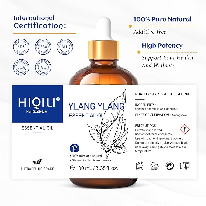 HIQILI Ylang-Ylang Essential Oil, Long-Lasting Scent for Diffuser, Perfumes, Aromatherapy, DIY - 3.38 Fl Oz
