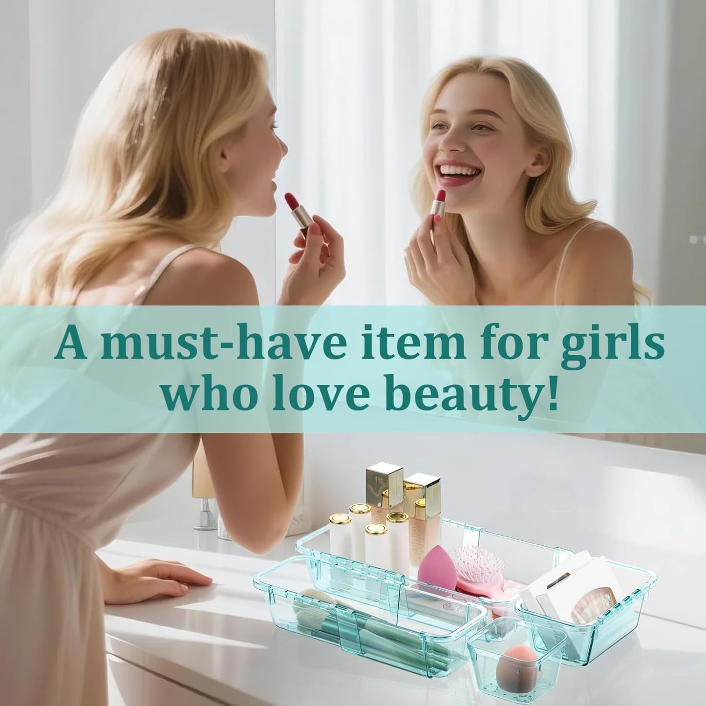 20 Pcs Adjustable Clear Drawer Organizer, Extendable Vanity Storage Bins, Desk Drawer Organizer Set for Makeup, Cosmetics, Bedroom, and Gadgets, Blue