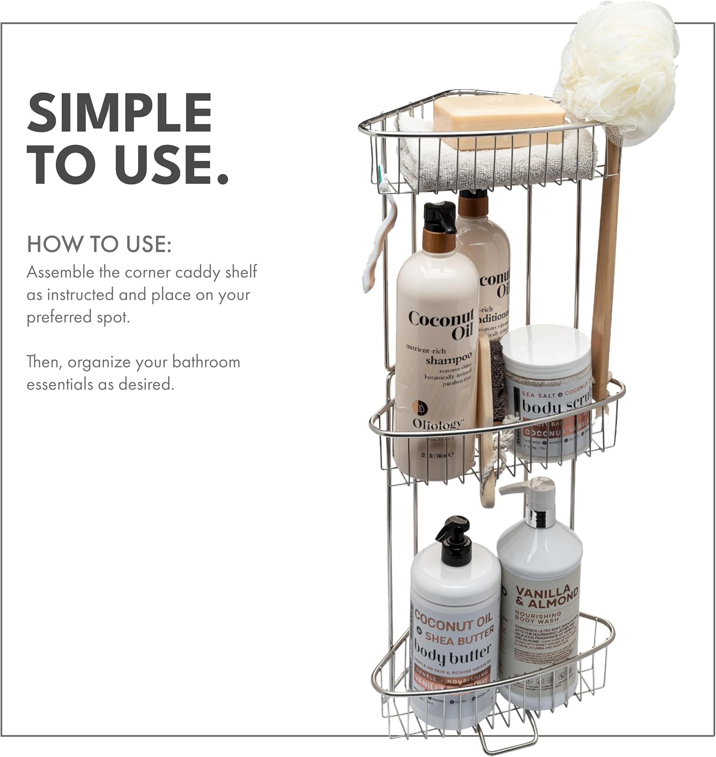 ToiletTree Products Stainless Steel Floor Shower Caddy - Corner Caddy Shelf for Bathroom and Bath Storage - Rust-Proof Caddy for Shampoo, Soap, and More