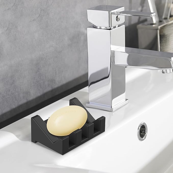 Silicone Soap Dish, 3-Piece Extended Self-Draining Shower Soap Holder, Black