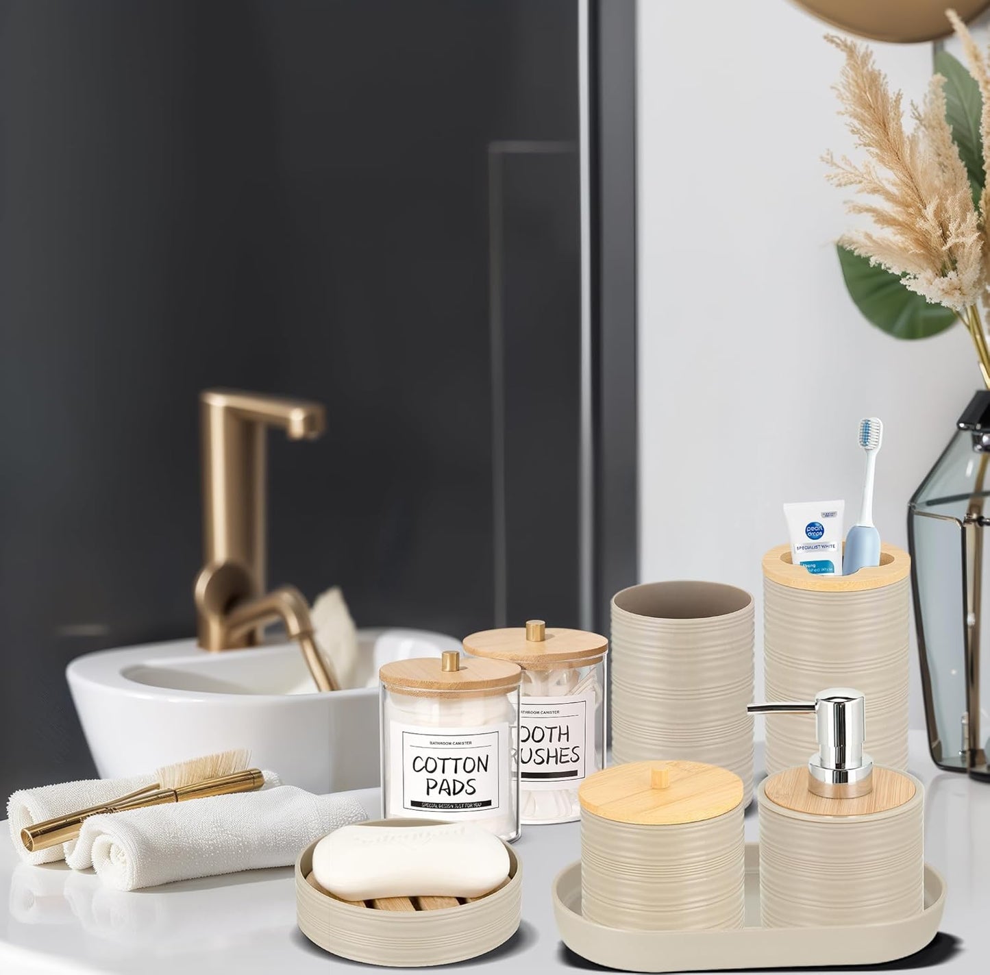IMAVO Bathroom Accessory Set-11Pcs Beige Bathroom Accessories Set with Trash Can,Soap Dispenser,Soap Dish,Toothbrush Holder,Toothbrush Cup,Toilet Brush Holder,Qtip Holder Dispenser with Labels