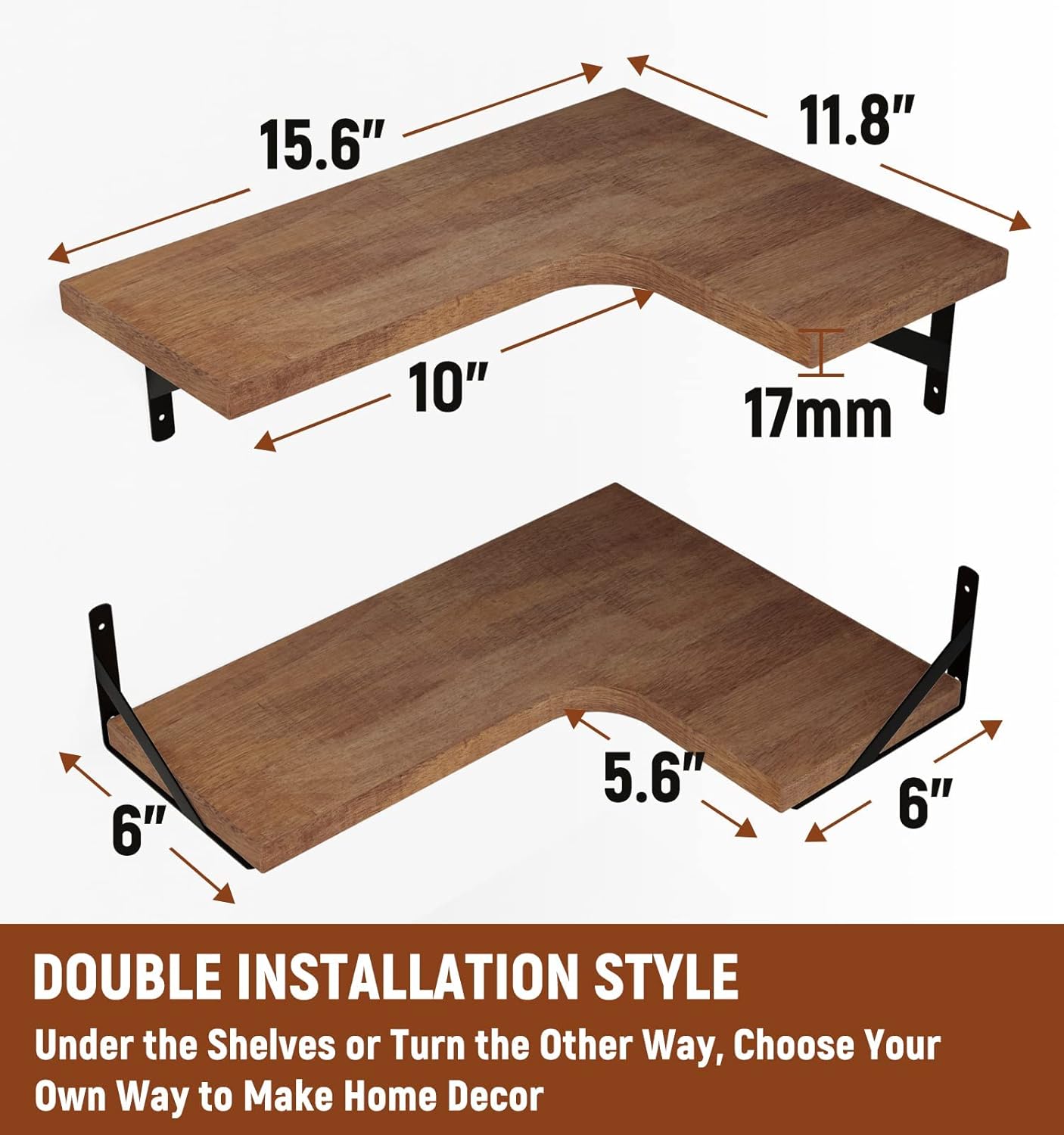 LEOPO Corner Floating Shelves Wall Mounted Set of 6, Corner Wall Shelves Rustic Wood Storage Display for Home Decor, Bedroom, Living Room, Kitchen, Office, Bathroom, Laundry Room, Reddish Brown
