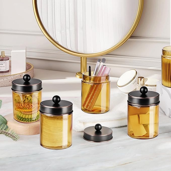 Amolliar Bronze Glass Apothecary Jar With Metal Lid & Stickers, Bathroom Qtip Dispenser Storage Canister, Perfect for Cotton Balls, Cotton Swabs, Makeup Pads, Bath Salt, Floss 1 Pack(ORB)