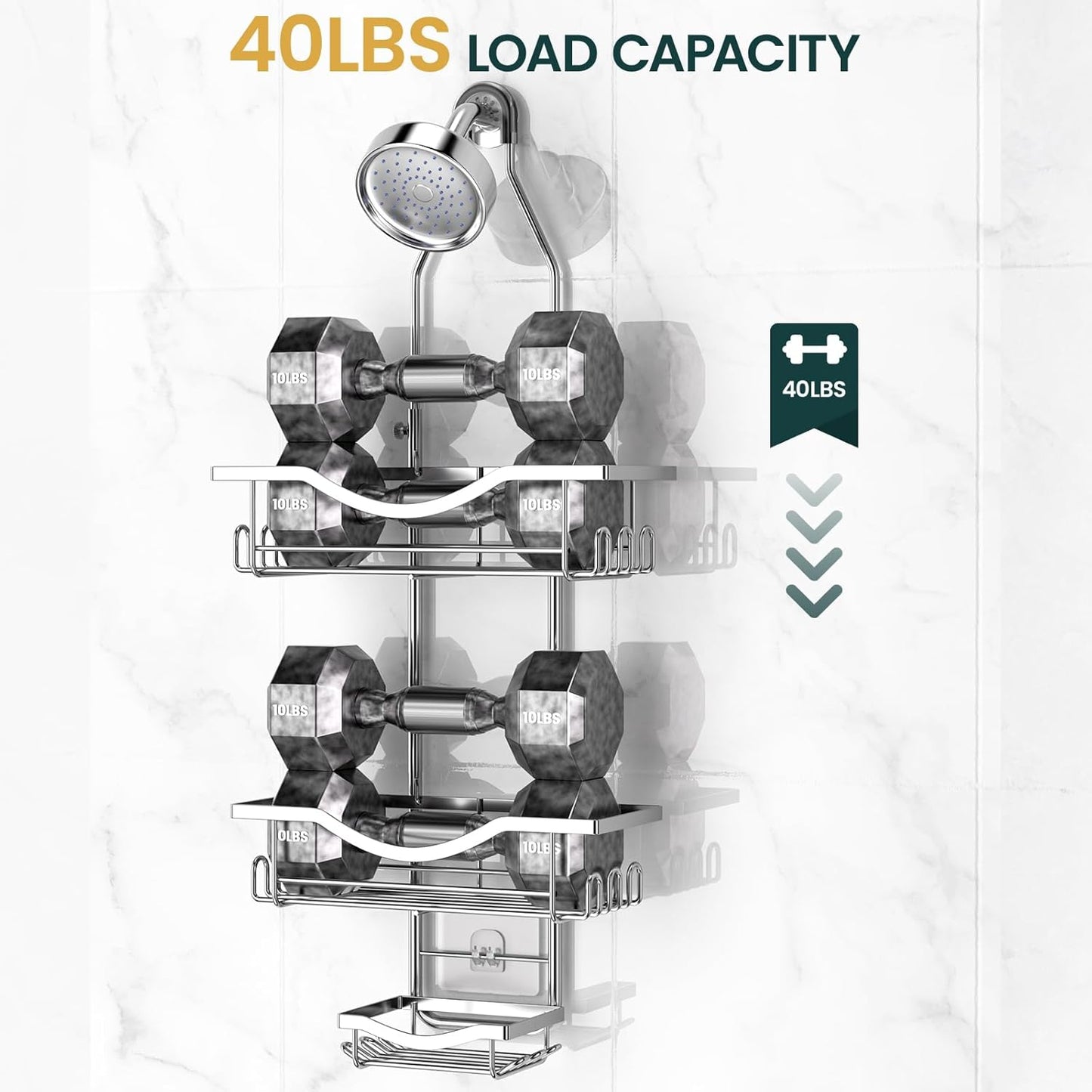 Shower Caddy Hanging Adjustable Shower Caddy, Rustproof Shower Organizer Extended Length Showers Caddy Over Shower Head with Hooks Soap Holder, Large Capacity Anti-Swing Bathroom Organizer, Silver