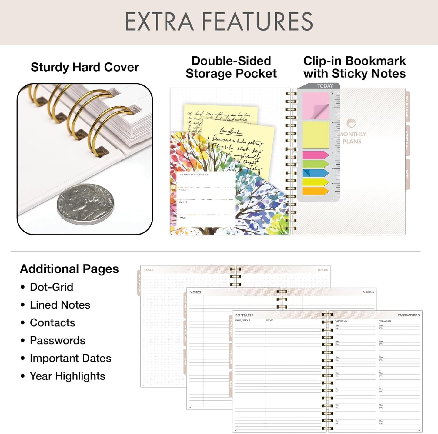 ESSENTIAL PRO Undated Daily, Weekly & Monthly Planner,Monthly Tabs,Daily Tracking,Notes Pages,Storage Pocket,Bookmark w Sticky Notes (Tree Seasons)