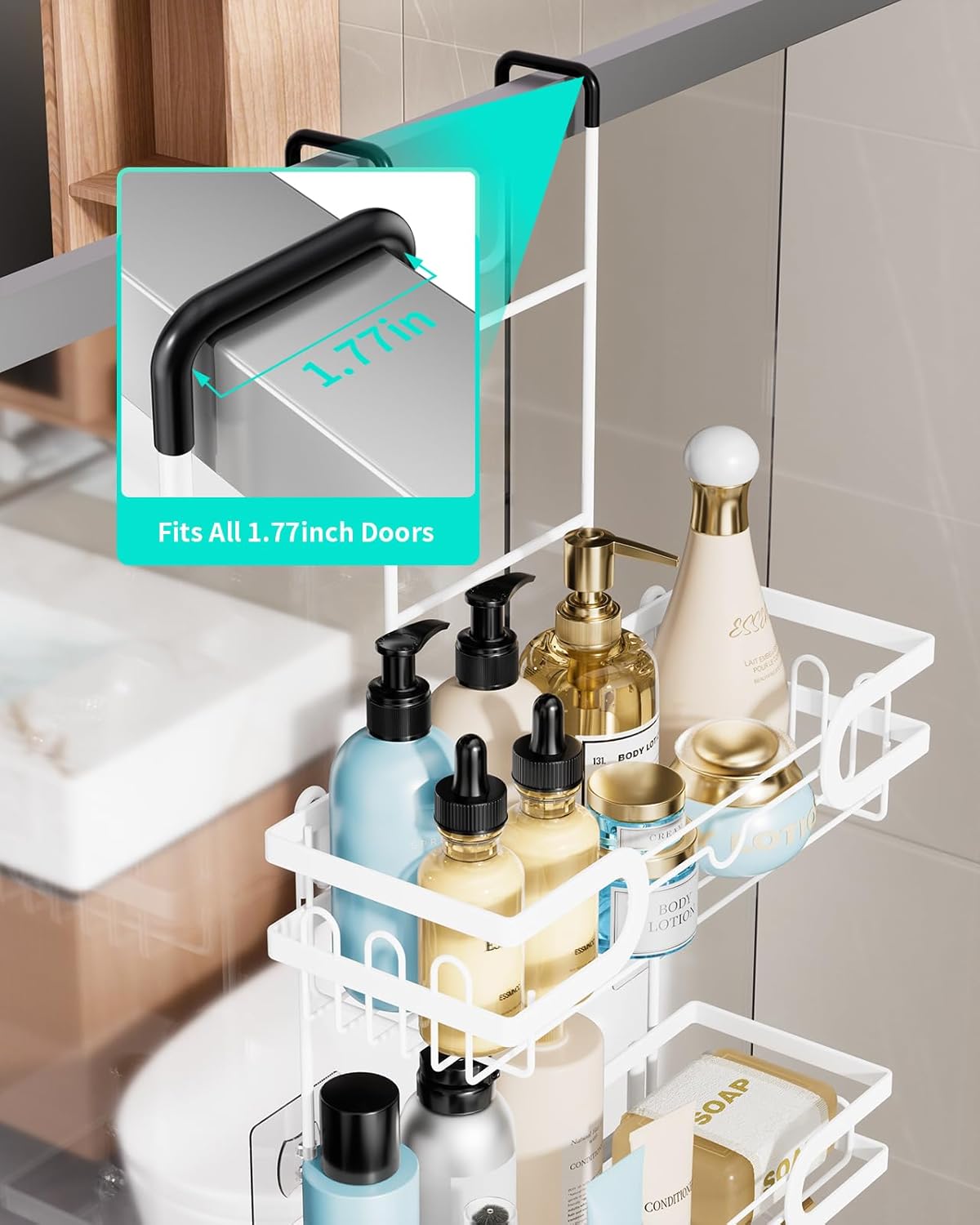 HapiRm Shower Caddy Over Door- Hanging Shower Organizer with 14 Hooks and Soap Holder, Rustproof & Waterproof Stainless Steel Bathroom Shelf - White