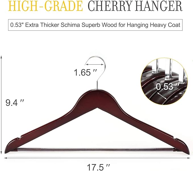 TOPIA HANGER Luxury Wooden Suit Hangers for Closet - Cherry Wood With Extra Thick Hook and Non-Slip Pants Bar, Heavy Duty Coat Hangers With Notches for Shirts - 16 Pack CT01M