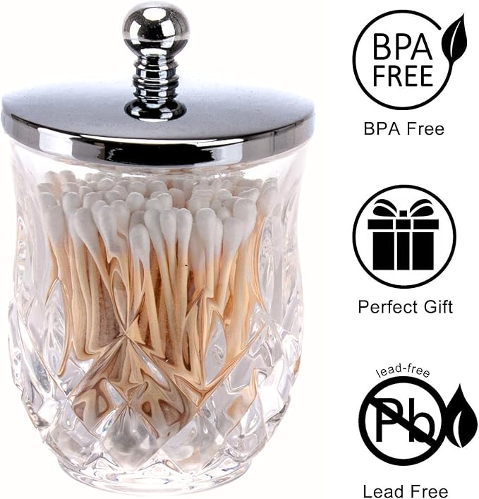 Qtip Holder,10 Oz Clear Glass Apothecary Jars with Silver Lids for Bathroom Organization & Desk Storage,Thick Glass Apothecary Jars for Q-Tips,Cotton Rounds, Jewelry,Candy,Round