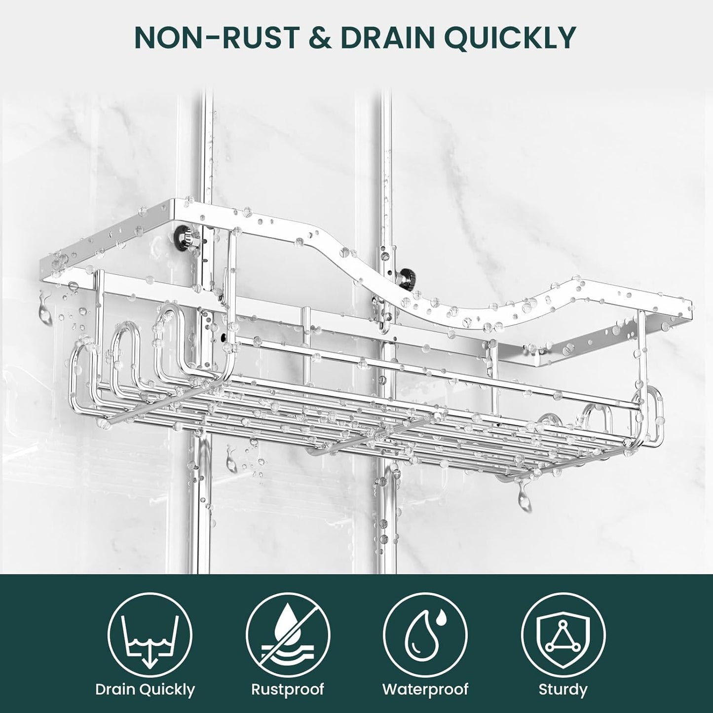 Shower Caddy Hanging Adjustable Shower Caddy, Rustproof Shower Organizer Extended Length Showers Caddy Over Shower Head with Hooks Soap Holder, Large Capacity Anti-Swing Bathroom Organizer, Silver