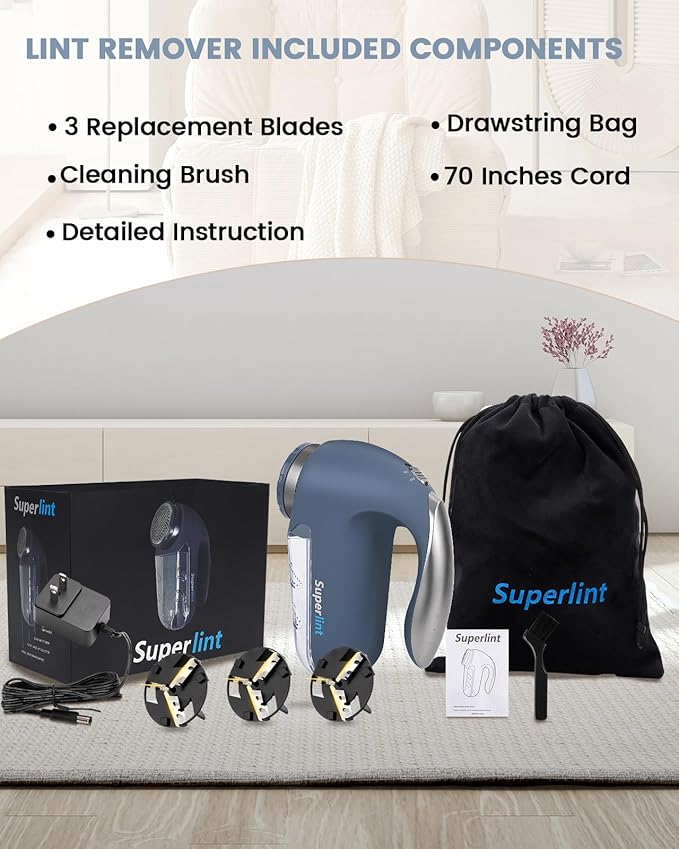 SUPER LINT Electric Sweater Shaver Fuzz Pill Bobble Remover for Fabric Fleece Curtains Clothes, Marine Blue & Silver