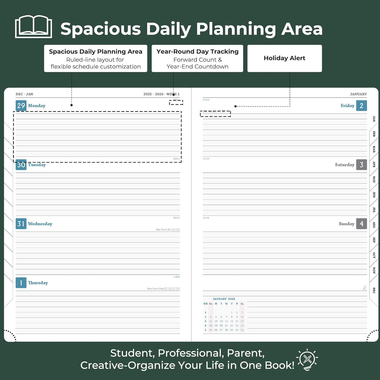 IN-LUXPRO Weekly Monthly 2026 Planner (Jan.26-Dec.26),11.5"x8.5",12 Months Agenda Plan with Month Tabs & Pocket,Expenses/Note Pages, Appointment Book Calendar with Hardcover Vegan Leather Cover,Green