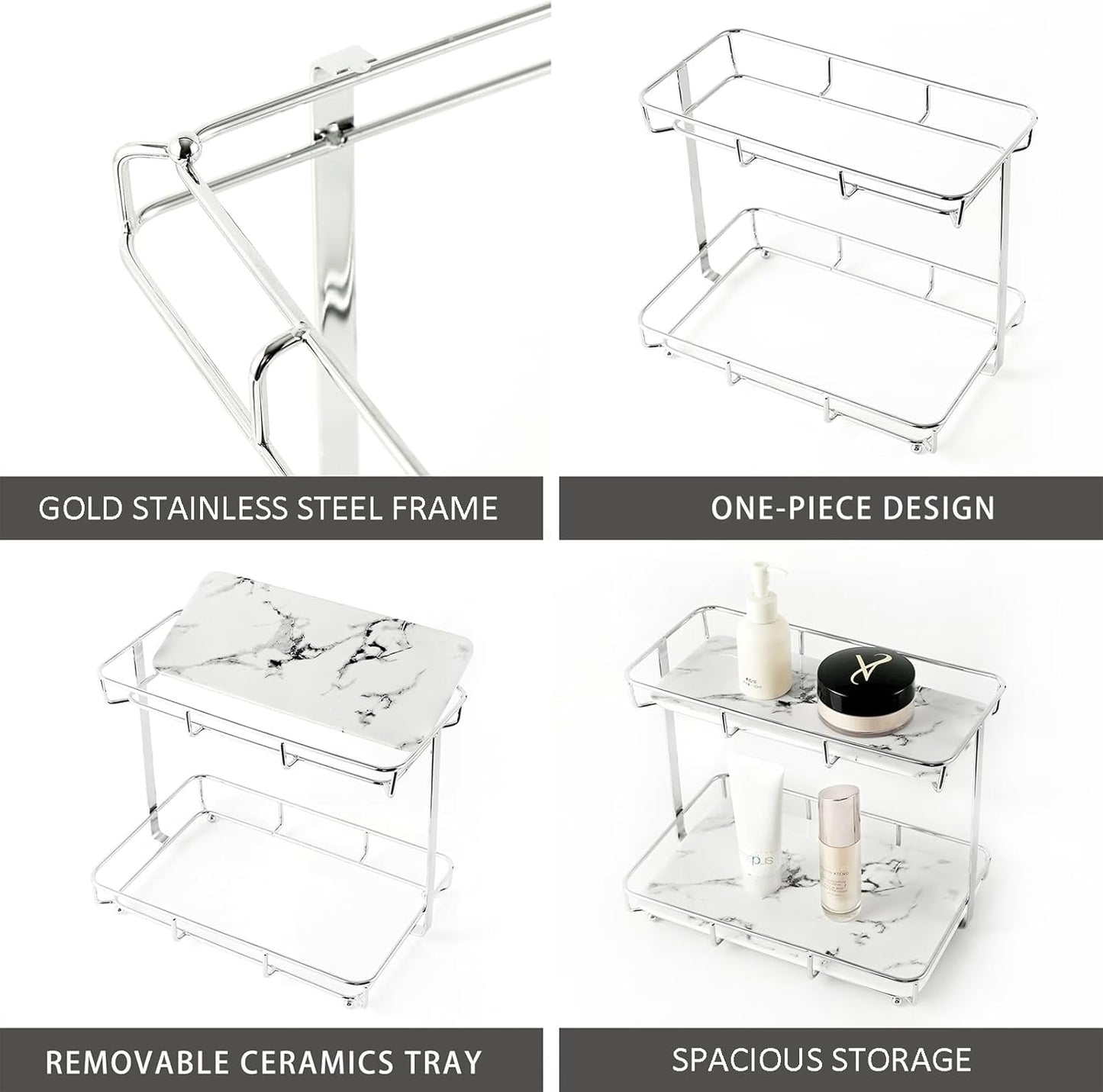 Bathroom Organizer Countertop Perfume Organizer Makeup Organizer Cosmetics Storage Display Rack Vanity Tray Dresser Stainless Steel Gold Shelf White Marble Ceramic Tray (2 Tier L-Sliver)