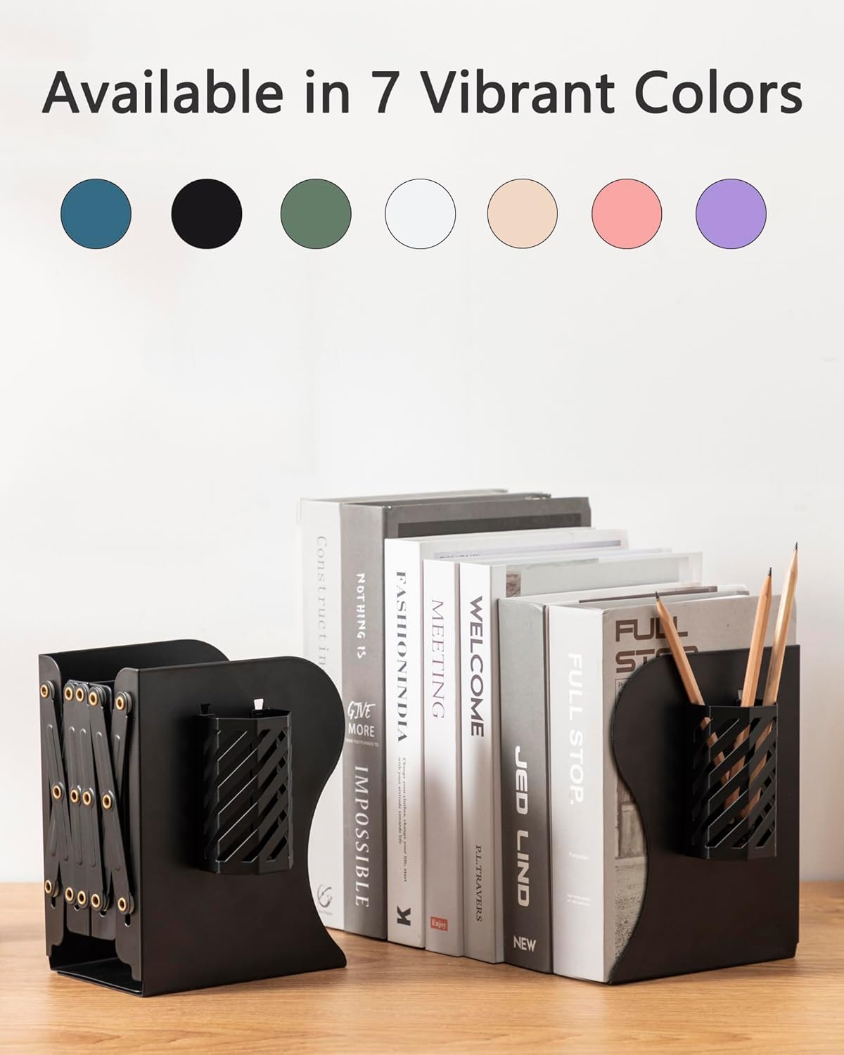 Kingsmile Book Ends, Adjustable Bookends for Shelves, Metal Bookends for Heavy Books, Book Stopper Organzier with Pen Holder for Desk, Kids Room, Office, Classroom, Library, Study Room.(Black)