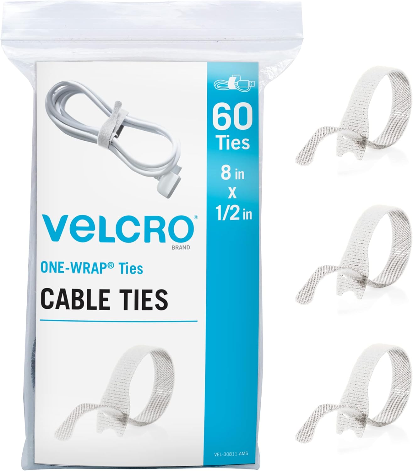 VELCRO Brand White Cable Ties Heavy Duty | 60Pc Bulk Pack | 8 x 1/2" ONE-WRAP Straps | Strong Reusable Wire Management | Cord Bundling for Home Office and Data Centers (Packaging May Vary)