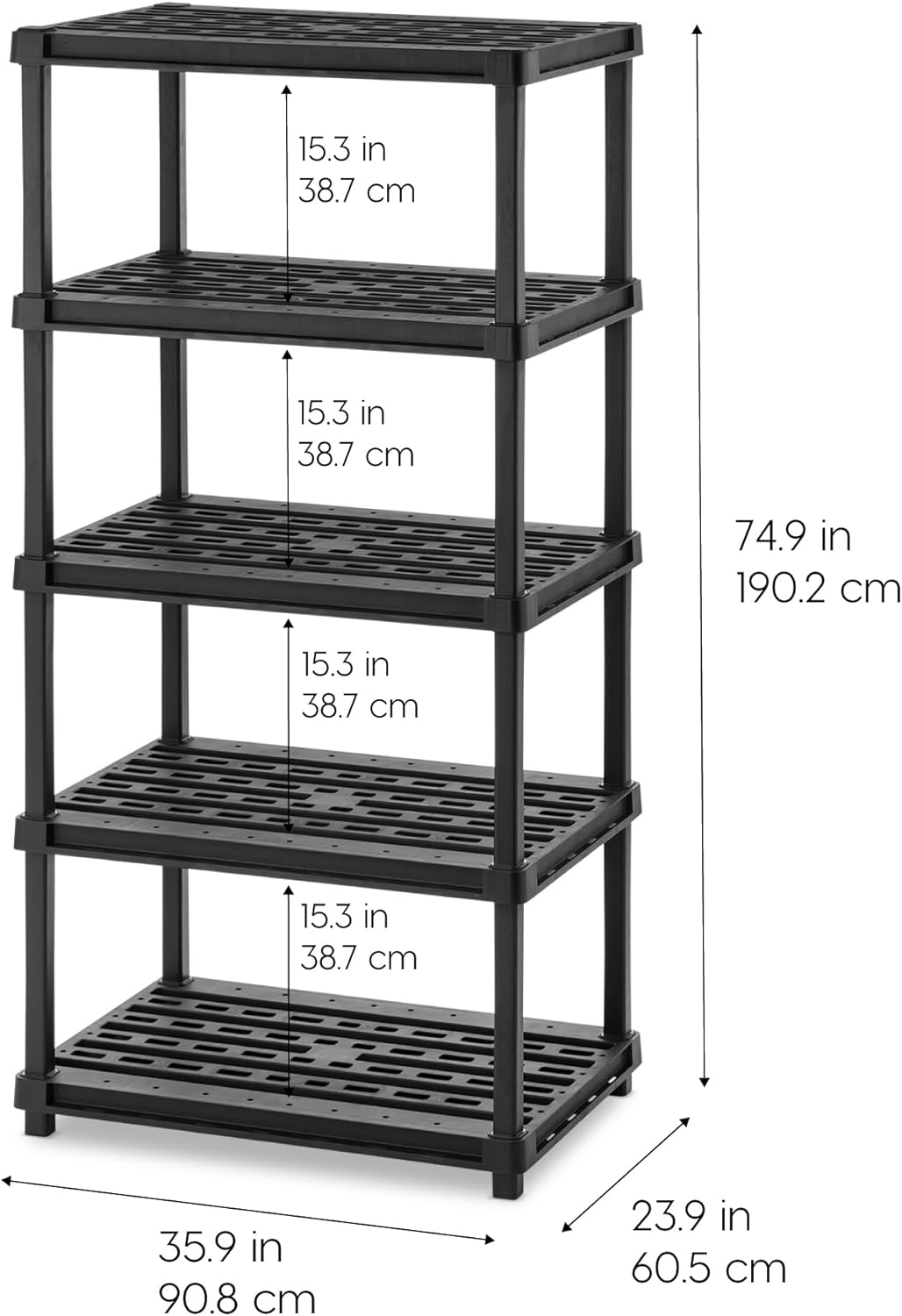 IRIS USA 5-Shelf Extra Heavy Duty Deep Plastic Storage Shelves, 1000lb Capacity, 75" H x 36" W x 24" D, Large Modular Shelving Unit Storage Organizer for Garage, Home, Warehouse & Gym, Rack - Black